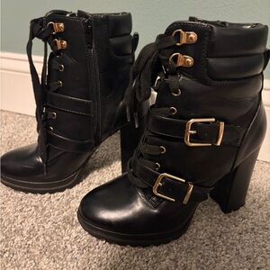 Shoe Dazzle Black Lace-Up High Heel Ankle Boots with Gold Buckles